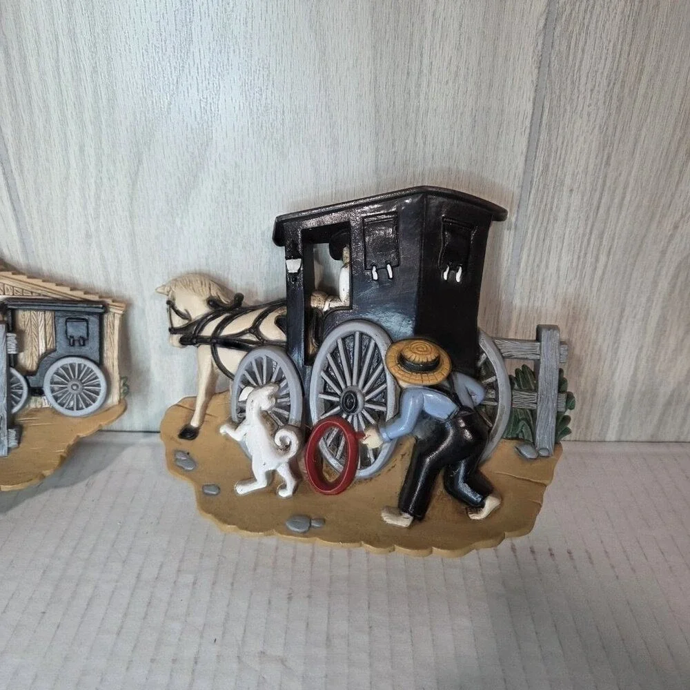 Vintage 1980s Burwood Amish Quilt & Barn Wall Decor Plaques Dog Cat Buggy Horse